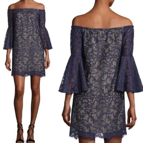 Trina Turk Akamai Lanai navy blue lace overlay off shoulder dress size 8 NWT - Picture 16 of 16